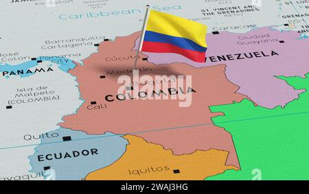 Kolumbien, Bogota - Nationalflagge auf politischer Karte fixiert - 3D-Illustration Stockfoto