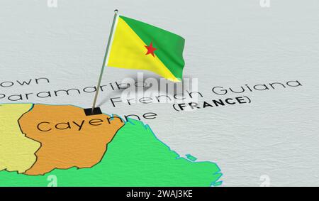 Französisch-Guayana, Cayenne - Nationalflagge auf politischer Karte fixiert - 3D-Illustration Stockfoto