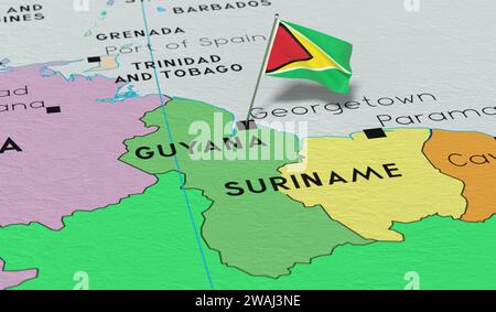 Guyana, Georgetown - Nationalflagge auf politischer Karte fixiert - 3D-Illustration Stockfoto