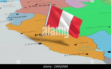 Peru, Lima - Nationalflagge auf politischer Karte fixiert - 3D-Illustration Stockfoto