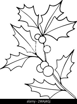 Weihnachtslinienkunst von Ilexzweigen mit Beeren. Stechpalme verlässt. Botanische Winterberry-Grafik. Handgemalte Umrissillustration für Hochzeit Stock Vektor