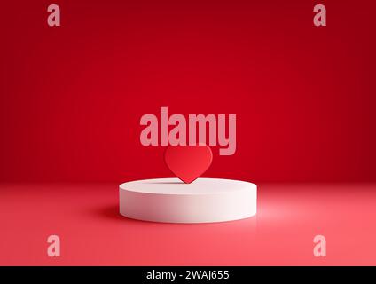 Valentinstag-Display mit diesem fotorealistischen 3D-Podium-Modell in weiß mit dekorativen roten Herzelementen. Vektorabbildung Stock Vektor