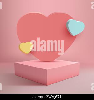Produktpräsentation zum Valentinstag mit diesem fotorealistischen 3D-Podium-Modell in Pink mit dekorativem rosafarbenem Hintergrund. Vektorillustratio Stock Vektor
