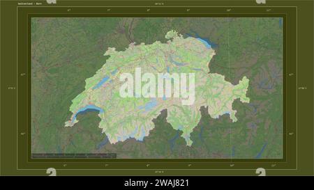 Die Schweiz wird auf einer topografischen Karte im OSM-Standardstil mit dem Hauptpunkt des Landes, kartographischem Raster, Entfernungsskala und Kartengrenze hervorgehoben Stockfoto