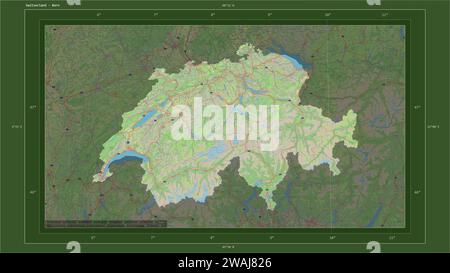 Die Schweiz wird auf einer topografischen Karte im Stil von OSM Deutschland mit dem Hauptpunkt des Landes, kartographischem Raster, Entfernungsskala und Kartengrenze hervorgehoben Stockfoto