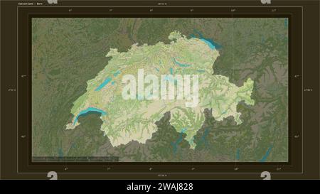 Die Schweiz wird auf einer topografischen Karte im humanitären OSM-Stil mit dem Hauptpunkt des Landes, kartographischem Raster, Entfernungsskala und Karte b hervorgehoben Stockfoto