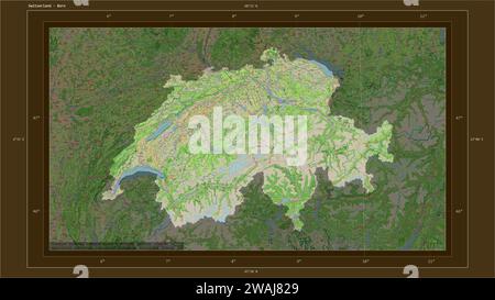 Die Schweiz wird auf einer topografischen Karte im Stil von OSM France mit Hauptstadtpunkt, kartographischem Raster, Entfernungsskala und Kartengrenze hervorgehoben Stockfoto