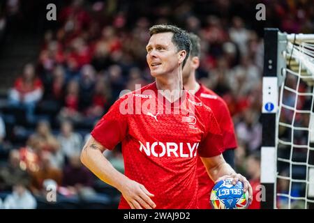 Kopenhagen, Dänemark. Januar 2024. Hans Lindberg aus Dänemark bereitet sich vor dem Spiel der Norlys Golden League 2024 zwischen Dänemark und Norwegen in der Royal Arena in Kopenhagen auf. (Foto: Gonzales Photo/Alamy Live News Stockfoto