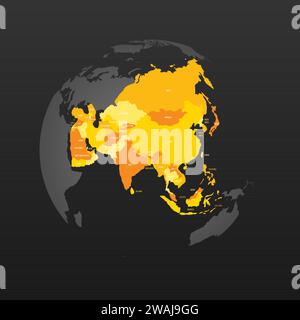 Politische Landkarte Asiens. Gelbes Land mit Ländernamen auf dunkelgrauem Hintergrund. Ortographische Projektion. Vektorabbildung Stock Vektor