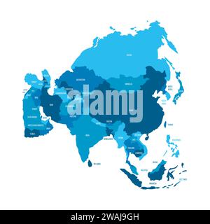 Politische Landkarte Asiens. Blaues Land mit Ländernamen auf weißem Hintergrund. Ortographische Projektion. Vektorabbildung Stock Vektor