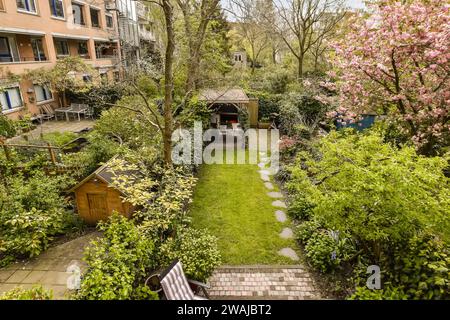 Blick auf üppige grüne Pflanzen und Bäume, die im Garten wachsen, mit Weg im Hinterhof während des Tages Stockfoto