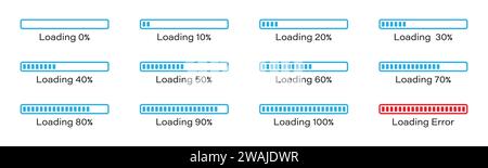 Infografik-Symbolsatz für prozentuale Beladung 0-100% in Blau. Satz von prozentualen Belastungsbalken 10 %, 20 %, 70, 90 %, 100 % in blauer Farbe. Rechteckige Leiste. Stock Vektor