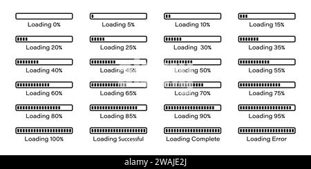 Infografik-Symbolsatz für prozentuale Beladung von 0 bis 100 % in Schwarz. Rechteckige Balkenlast in Prozent und Sammlung von Prozesssymbolen. Satz von Prozentsätzen. Stock Vektor