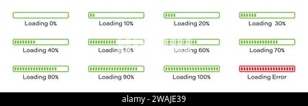Infografik-Symbolsatz für prozentuale Beladung 0–100 % grün. Satz von prozentualen Belastungsbalken 10 %, 20 %, 70, 90 %, 100 % in grüner Farbe. Stock Vektor