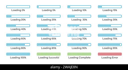 Infografik-Symbolsatz für prozentuale Beladung von 0 bis 100 % in Blau. Satz von prozentualen Belastungsbalken 5 %, 10 %, 95 %, 100 % in blauer Farbe. Rechteckbalken %. Stock Vektor