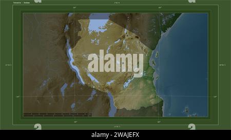 Tansania wird auf einer blassfarbenen Höhenkarte mit Seen- und Flusskarte mit Landeshauptstadt, kartographischem Raster, Entfernungsskala und hervorgehoben Stockfoto