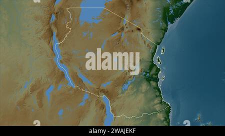 Tansania wird auf einer farbigen Höhenkarte mit Seen und Flüssen umrissen Stockfoto