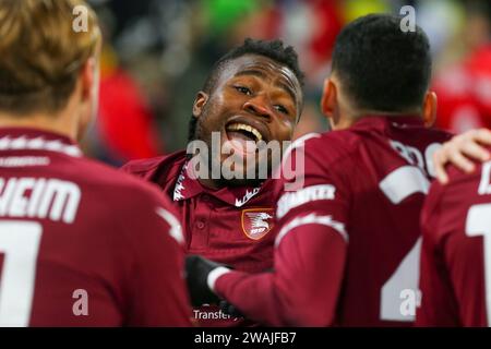 Chukwubuikem Ikwuemesi von US Salernitana 1919 feiert nach einem Treffer während des Coppa Italia Spiels zwischen Juventus FC und Salernitana in der Allianz St Stockfoto