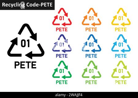 Symbolsatz für Recycling-Codes aus Kunststoff von PETE. Recycling-Symbole aus Kunststoff 01 PETE. Kunststoff Recycling Code 01 Symbolsammlung in zehn verschiedenen Farben. Stock Vektor