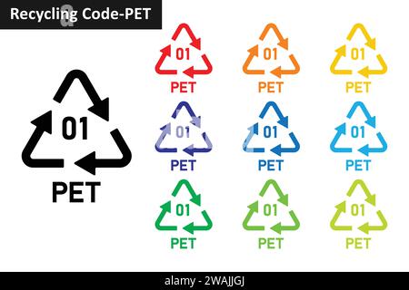 Symbolsatz für Recycling-Codes aus PET-Kunststoff. Recycling-Symbole aus Kunststoff 01 PET. Kunststoff Recycling Code 01 Symbolsammlung in zehn verschiedenen Farben. Stock Vektor