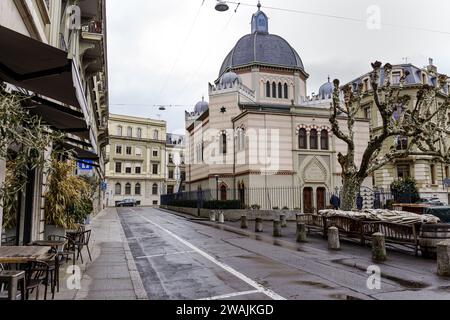 Genf, Schweiz - 1. April 2018: Die Beth Yaakov Synagoge, auch als Grande Synagoge in Genf bekannt Stockfoto