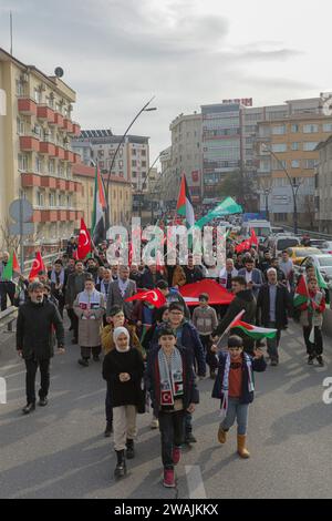 31. Dezember 2023: Gaziantep, Turkiye. 31. Dezember 2023. Eine Menschenmenge versammelte sich in Gaziantep, um die Palästinenser zu unterstützen und sich gegen die anhaltenden Angriffe Israels auf den Gazastreifen zu wehren. Die Teilnehmer schwenkten die palästinensische Flagge neben der türkischen Flagge, während sie an die Opfer der jüngsten Attentate im Nordirak erinnern (Foto: © Muhammad ATA/IMAGESLIVE via ZUMA Press Wire). Nicht für kommerzielle ZWECKE! Stockfoto