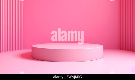 Pinkfarbene Podestbühne auf rosa Hintergrund. Valentinstag-Concept-Banner. Für Grußkarte, Logo, Verkauf, Produkt Stockfoto