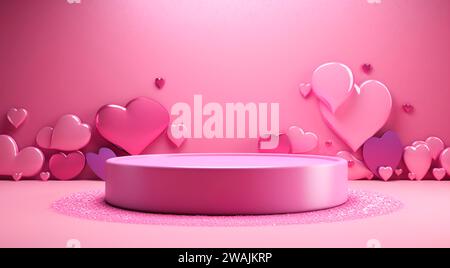 Pinkfarbene Podestbühne mit Herzen auf rosa Hintergrund. Valentinstag-Concept-Banner. Für Grußkarte, Logo, Verkauf, Produkt Stockfoto