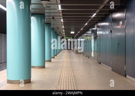 Stützsäulen auf dem Bahnsteig der U-Bahn-Station Arany Janos utca an der Linie 3 in Budapest Stockfoto