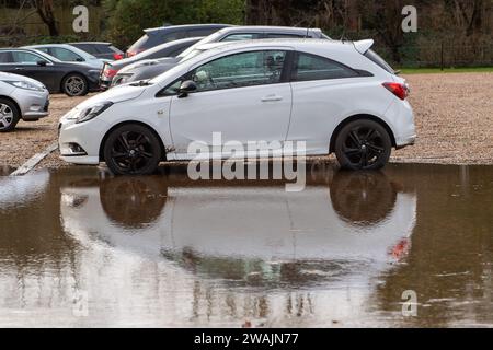 Henley on Thames, Oxfordshire, Großbritannien. Januar 2024. Die Themse ist in Henley on Thames in Oxfordshire über die Ufer geplatzt. Für Henley, Remenham und Medmenham gibt es eine Hochwasserwarnung für die Themse. Es ist mit einer Überschwemmung des Grundstücks zu rechnen. Quelle: Maureen McLean/Alamy Live News Stockfoto