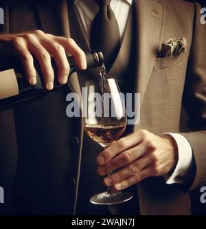 Ein Mann in braunem Anzug und Krawatte gießt Wein aus einer Flasche in ein Glas Stockfoto