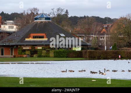 Henley on Thames, Oxfordshire, Großbritannien. Januar 2024. Die Themse ist in Henley on Thames in Oxfordshire über die Ufer geplatzt. Für Henley, Remenham und Medmenham gibt es eine Hochwasserwarnung für die Themse. Es ist mit einer Überschwemmung des Grundstücks zu rechnen. Quelle: Maureen McLean/Alamy Live News Stockfoto