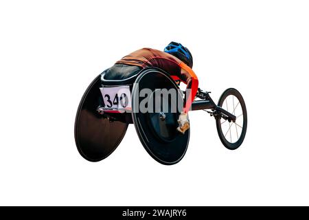 Weibliche Athletin im Rollstuhlrennen in Para-Leichtathletik-Rennen isoliert auf weißem Hintergrund, Sommersportspiele Stockfoto