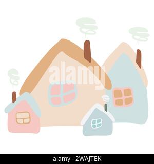 Gruppe von Pastellfarben Cartoon Häusern. Vektorabwicklung - untergeordnete Illustration isoliert auf weiß. Handgezeichnete, schiefe Gebäude für Ihren Entwurf. Grafische Ar Stock Vektor