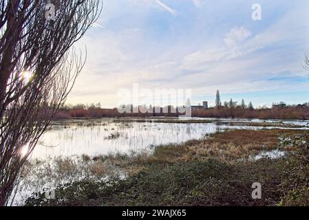 Überflutete das untere Avon-Tal bei Christchurch Dorset Stockfoto