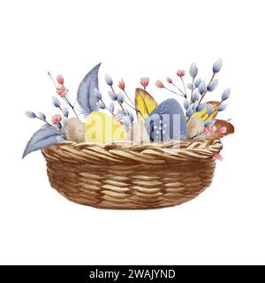Aquarellset alter Korb mit Eiern mit gypsophila Blumen, Weidenzweigen und Federn. Isolieren Sie Illustration im Vintage-Stil. Stockfoto
