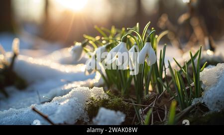 Eine lebendige Winterszene mit zarten rosa Blumen, eingebettet in eine Decke aus weißem Schnee Stockfoto