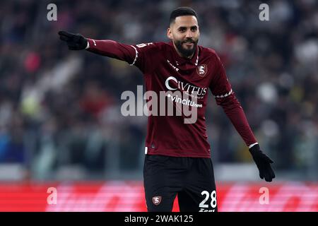 Turin, Italien. Januar 2024. Dylan Bronn von uns Salernitana Gesten während des Fußballspiels Coppa Italia zwischen Juventus FC und uns Salernitana im Allianz Stadium am 4. Januar 2024 in Turin. Quelle: Marco Canoniero/Alamy Live News Stockfoto