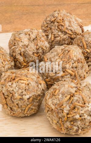 Fleischbällchen aus Mealworms/Tenebrio Molitor. Insekten werden in vielen Teilen der Welt als Nahrung gegessen und müssen nicht beängstigend sein. Siehe Hinweise Stockfoto