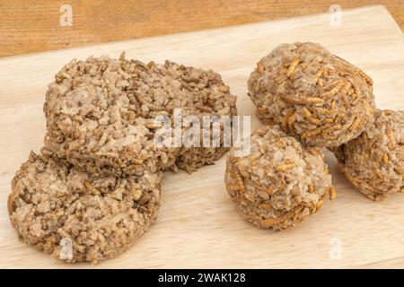 Bugfleisch Burger und Fleischbällchen mit Mealworms/Tenebrio Molitor. Insektenprotein / Insekten werden in vielen Teilen der Welt als Nahrung gegessen. Siehe Hinweise Stockfoto