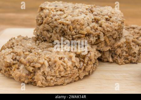 Fleischburger mit Mealworms/Tenebrio Molitor. Insekten werden in vielen Teilen der Welt als Nahrung gegessen und müssen nicht beängstigend sein. Siehe Hinweise Stockfoto