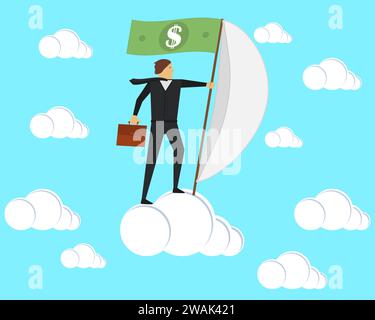 Ein Geschäftsmann steht auf einer Wolke mit einem Segel und einer Dollarfahne. Vektorabbildung. Stock Vektor