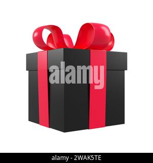 Black Friday und Sale Event Konzept. Schwarze Geschenkbox mit roter Schleife isoliert. 3D-Rendering. Stockfoto