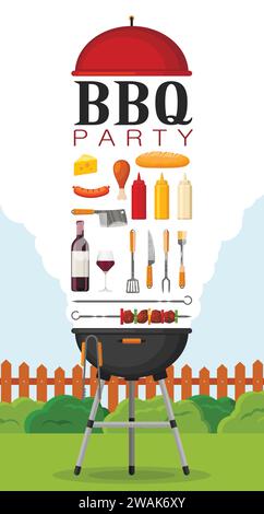 Poster-Einladung zur Grillparty mit Grill und Essen. Grillelemente Set. Fleischrestaurant zu Hause. Holzkohlekocher mit Werkzeug, Soße und Lebensmitteln. Kit Stock Vektor