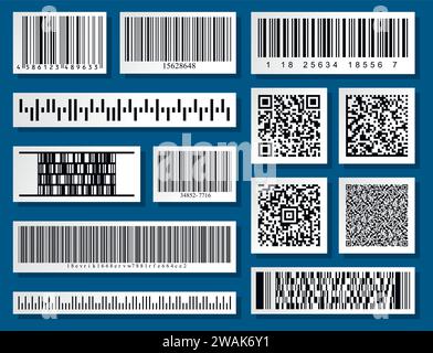 Barcodes und QR-Codes Sammlungssatz. Schwarz gestreifter Code zur digitalen Identifizierung. Vektorcode-Informationen, QR, Scan-Codes speichern. Industrielle Codierung Stock Vektor