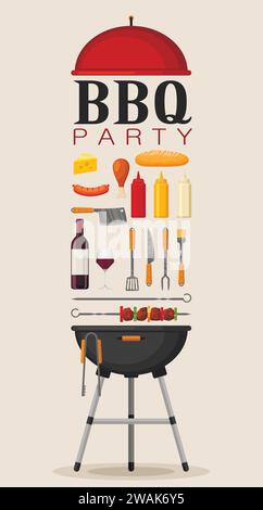 Poster-Einladung zur Grillparty mit Grill und Essen. Grillelemente Set. Fleischrestaurant zu Hause. Holzkohlekocher mit Werkzeug, Soße und Lebensmitteln. Kit Stock Vektor