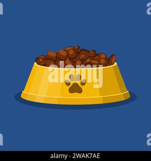 Trockenfutterschale für Hunde oder Katzen. Knochen- und fischförmige Chips. Gelbe Schüssel für Haustiere mit Trockenfutter. Illustration des flachen Vektors auf blauem Hintergrund isoliert. Stock Vektor