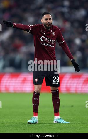 Turin, Italien. Januar 2024. Dylan Bronn von uns Salernitana Gesten während des Coppa Italia Spiels zwischen Juventus FC und uns Salernitana im Allianz Stadium am 4. Januar 2024 in Turin, Italien. Quelle: Marco Canoniero/Alamy Live News Stockfoto