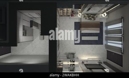 Modernes Schlafzimmer, Grundrissdesign mit begehbarem Kleiderschrank Stockfoto