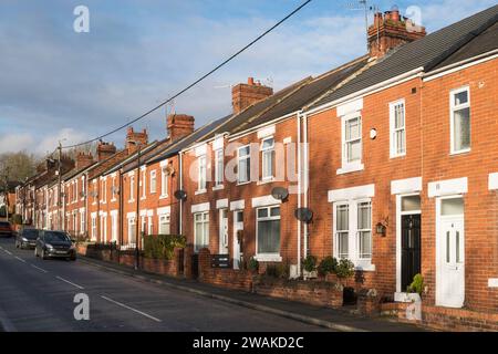 Worm Hill Terrace eine Reihe von Reihenhäusern in Fatfield, Washington, Tyne and Wear, England, Großbritannien Stockfoto